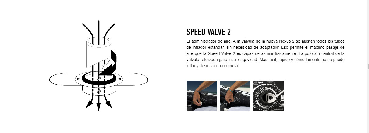 SPEED VALVE 2 El administrador de aire. A la válvula de la nueva Nexus 2 se ajustan todos los tubos de inflador estándar, sin necesidad de adaptador. Eso permite el máximo pasaje de aire que la Speed Valve 2 es capaz de asumir físicamente. La posición central de la válvula reforzada garantiza longevidad. Más fácil, rápido y cómodamente no se puede inflar y desinflar una cometa.
